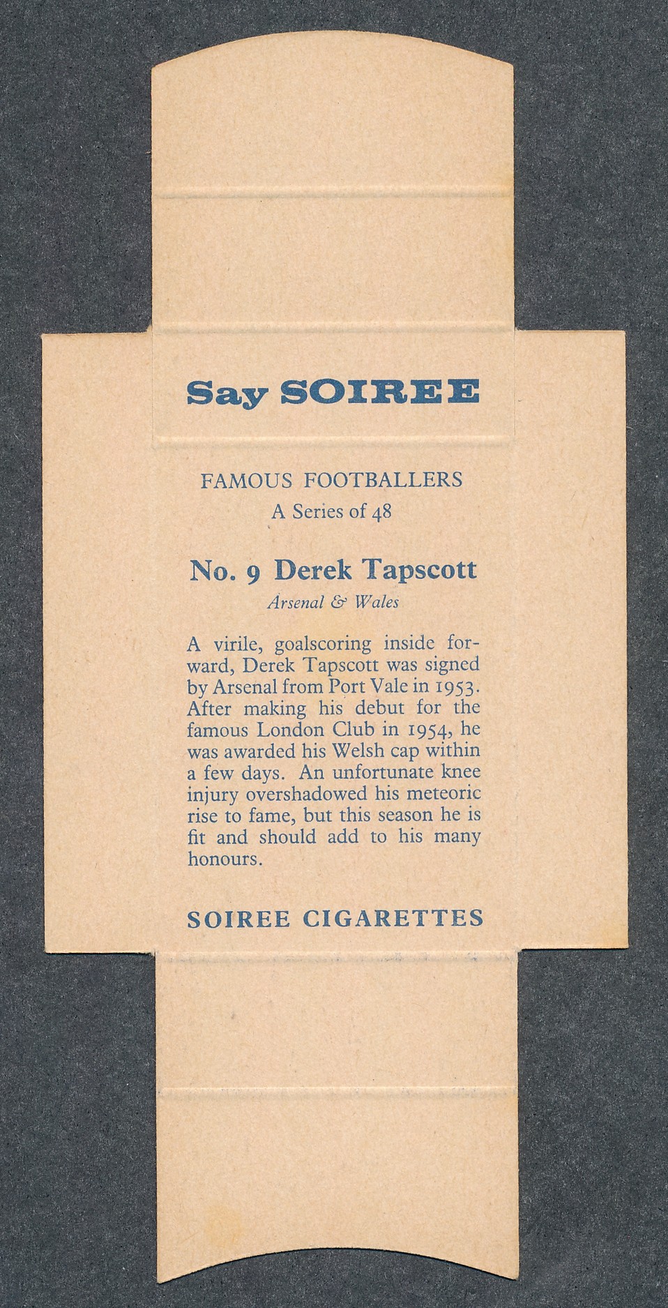 Soiree Cigarettes, Mauritius, Famous Footballers uncut packet issue, No.9 Derek Tapscott, - Image 2 of 2