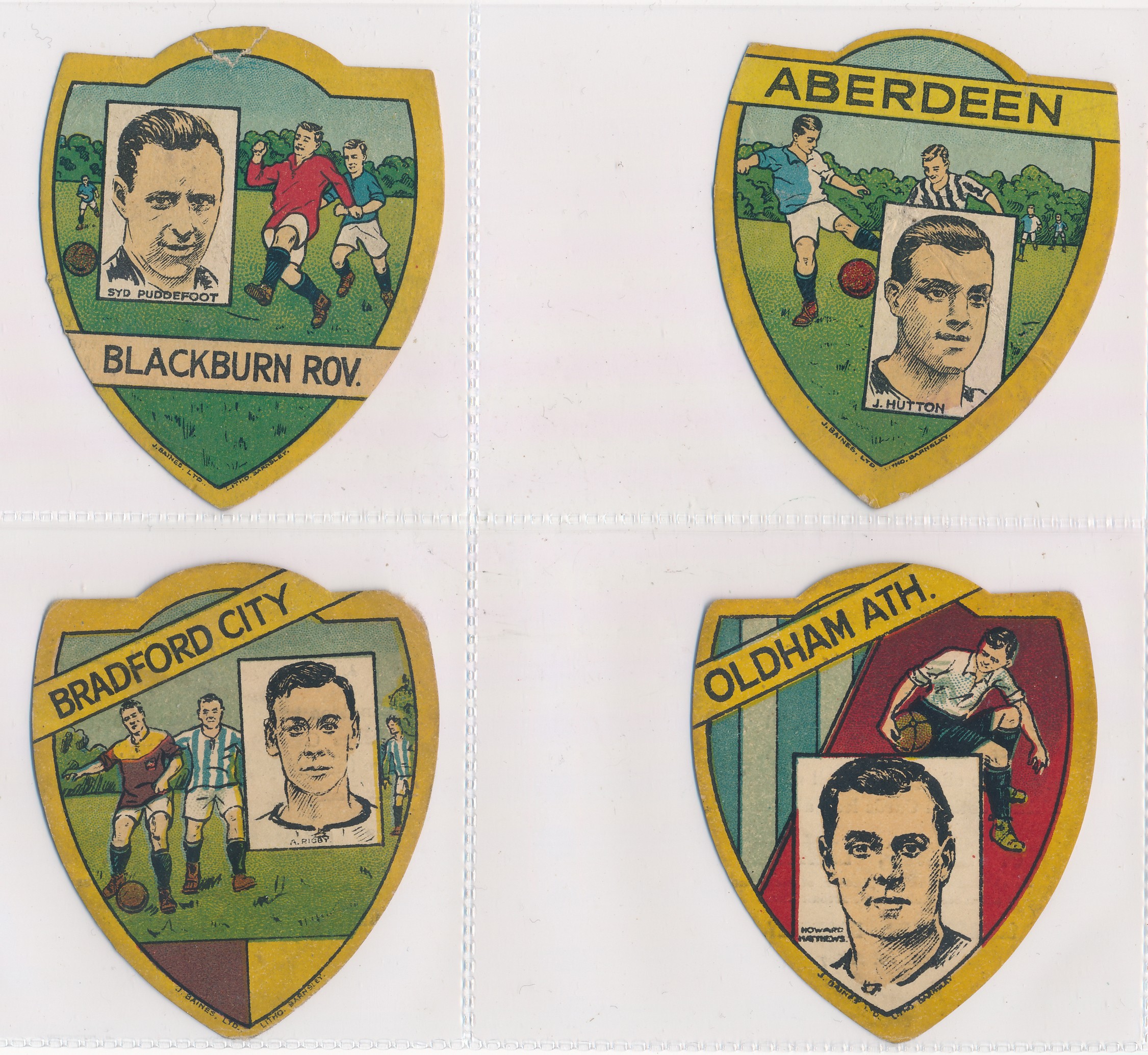 Baines trade cards, Shield shaped Football cards (6) with Lanarkshire, Barnsley, Blackburn Rovers,