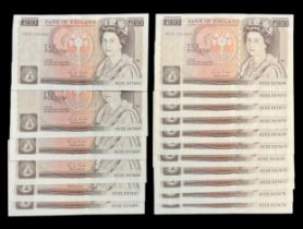 G.M. Gill 1988 (1 Mar) £10 HZ247663-679 consecutive run of 17 notes, about uncirculated apart from