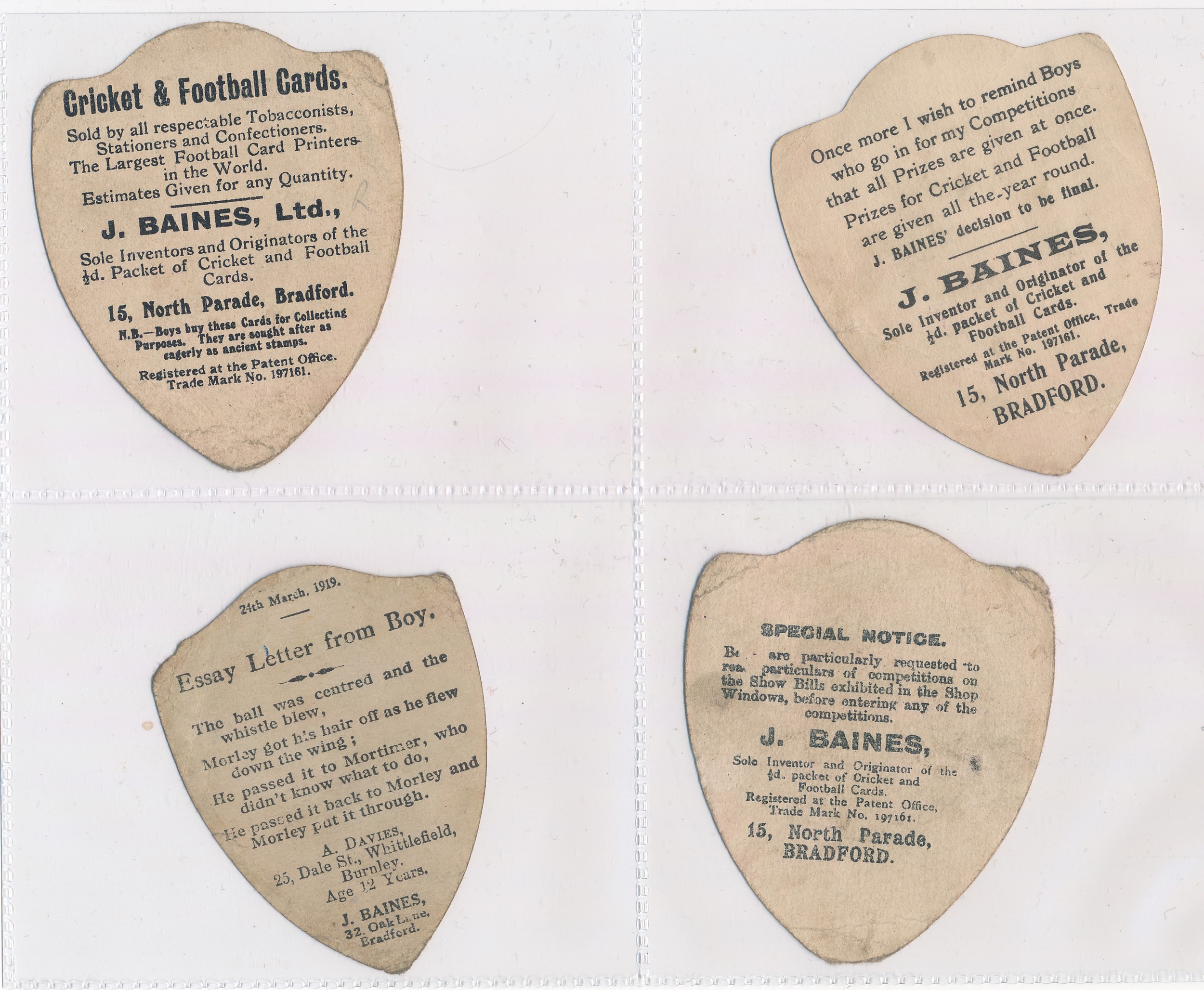Baines trade cards, Shield shaped Football cards (8), with Wallsend Park Villa, Morley, - Image 2 of 4