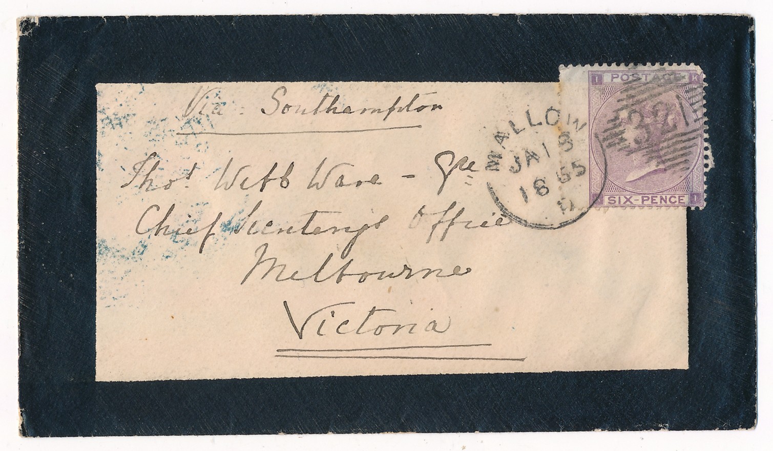 Ireland, 1865 (18 Jan) QV 6d lilac (SG 85) with left wing margin, used on mourning cover to