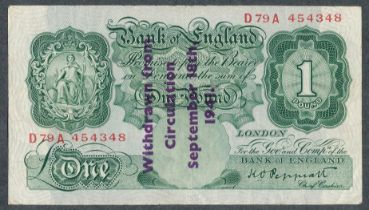 Peppiatt Guernsey overprint £1 1941 D79A 454348, stamped "Withdrawn from Circulation September