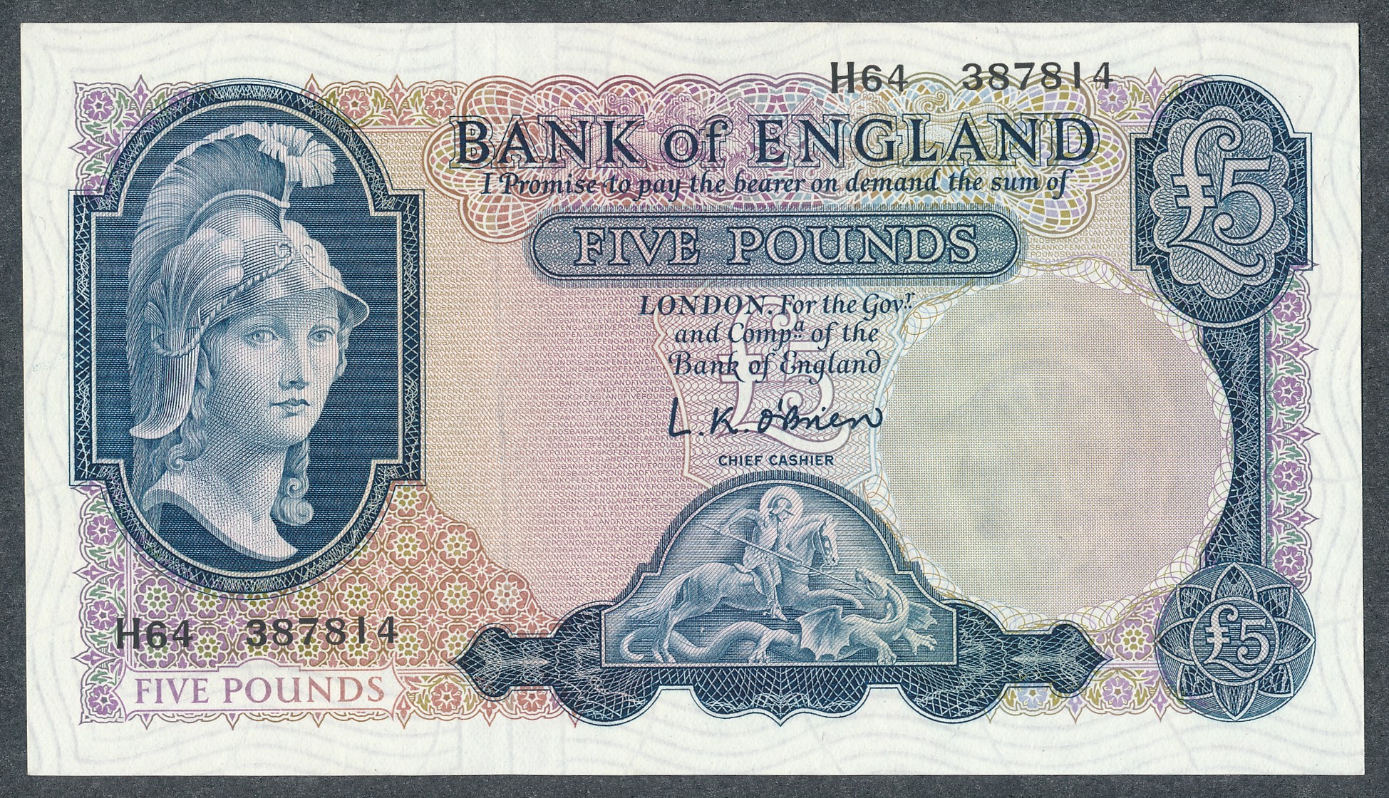 O'Brien £5 1961 (12 July) H64 387814 first series, uncirculated.