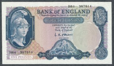 O'Brien £5 1961 (12 July) H64 387814 first series, uncirculated.