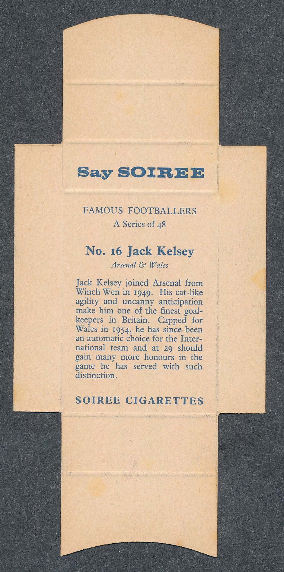 Soiree Cigarettes, Mauritius, Famous Footballers uncut packet issue, No.16 Jack Kelsey, Arsenal & - Image 2 of 2