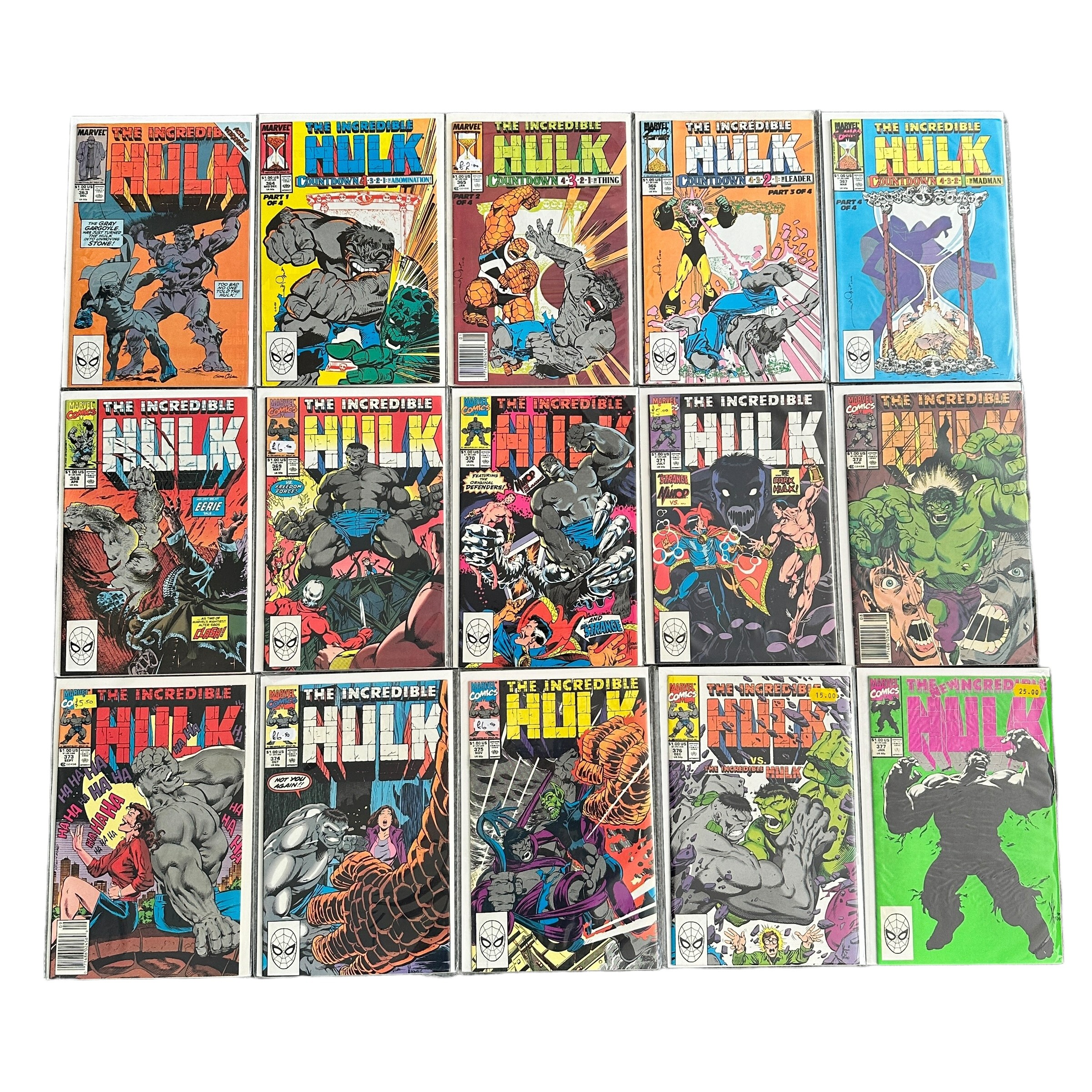 Marvel Comics The Incredible Hulk 1980/90s Nos 363-387: All 25 comics are bagged & boarded, NM.