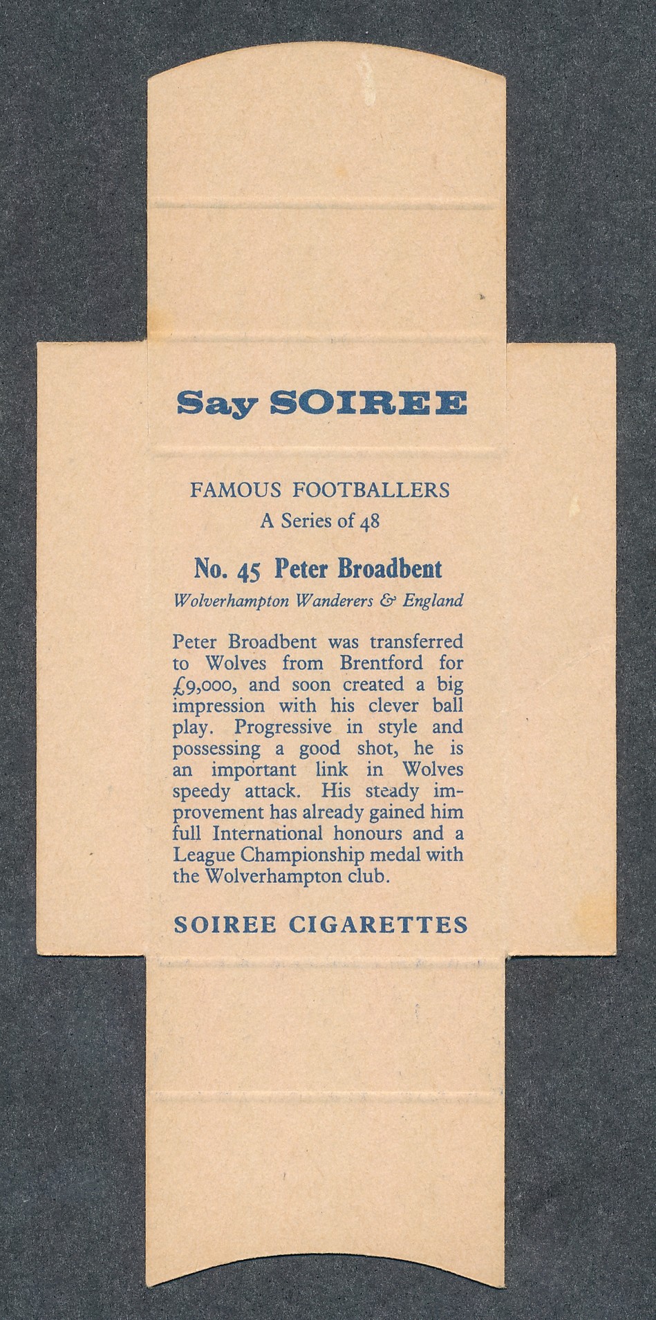 Soiree Cigarettes, Mauritius, Famous Footballers uncut packet issue, No.45 Peter Broadbent, - Image 2 of 2