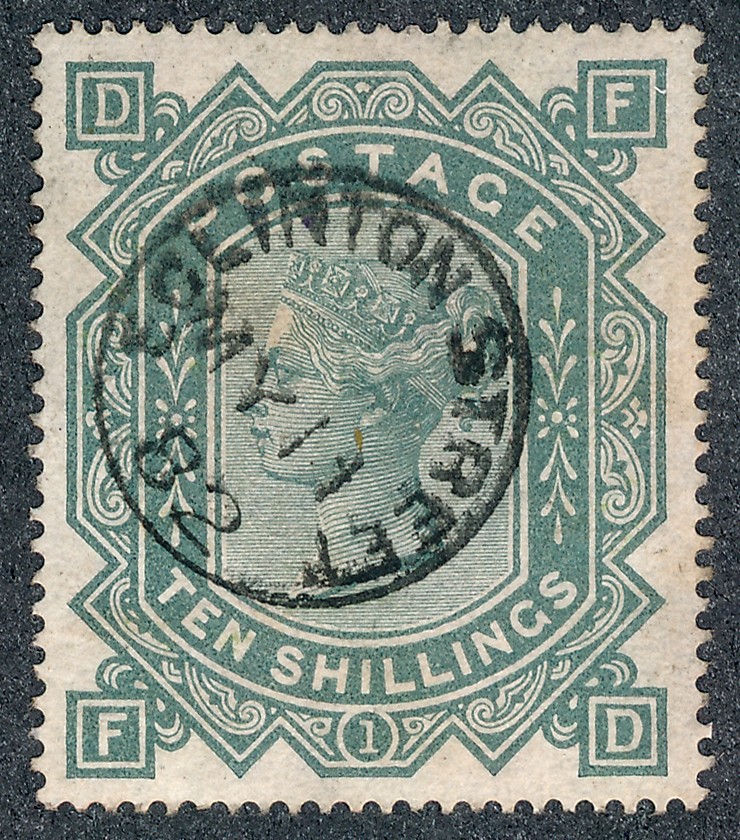 Great Britain, 1867-83 10/ greenish/grey Maltese Cross, very fine used with Solinton Street cds. (SG