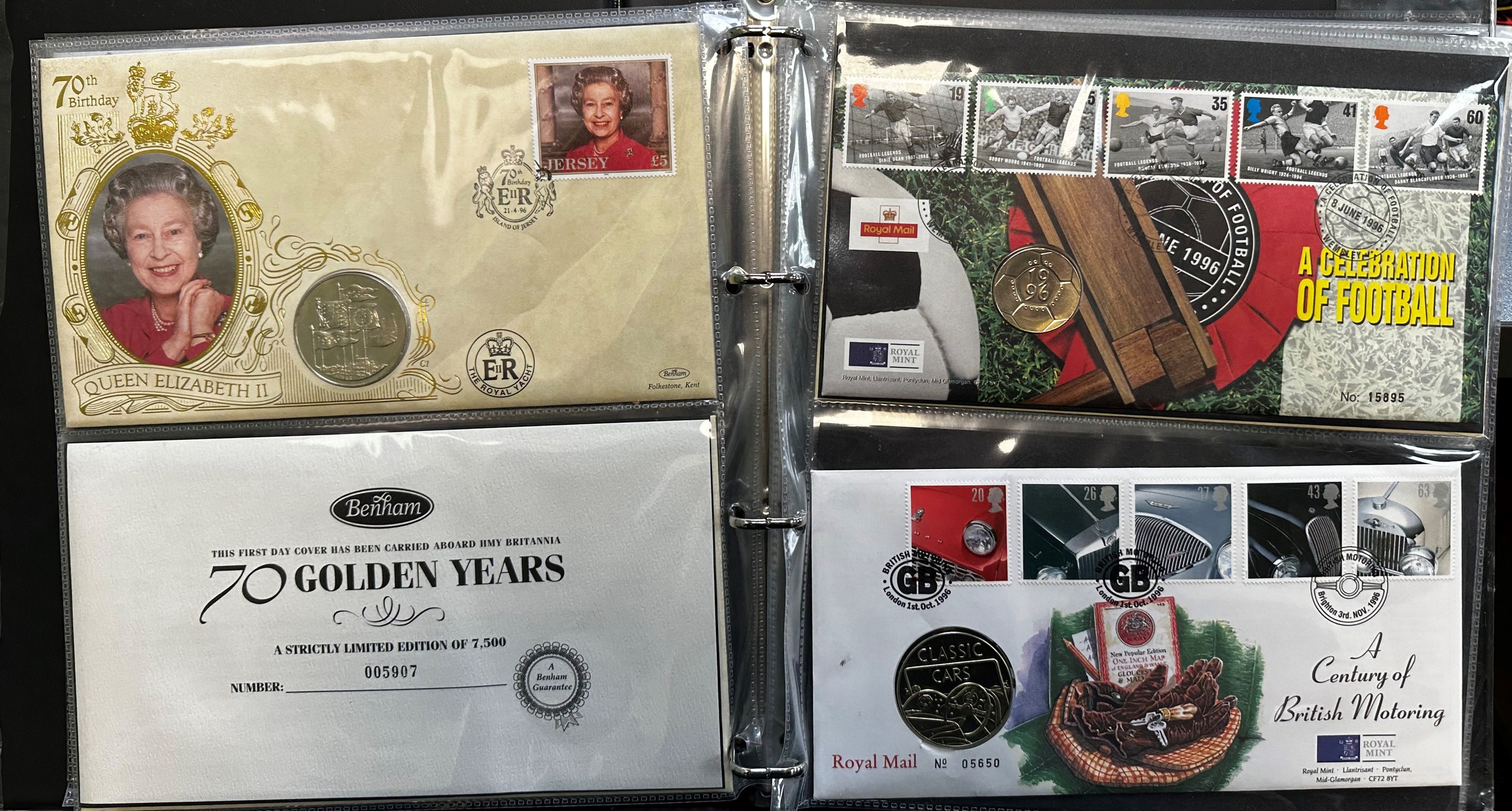 Collection of commemorative coin covers in binder, to include £5 (x4), £2 (x7) and others. Total