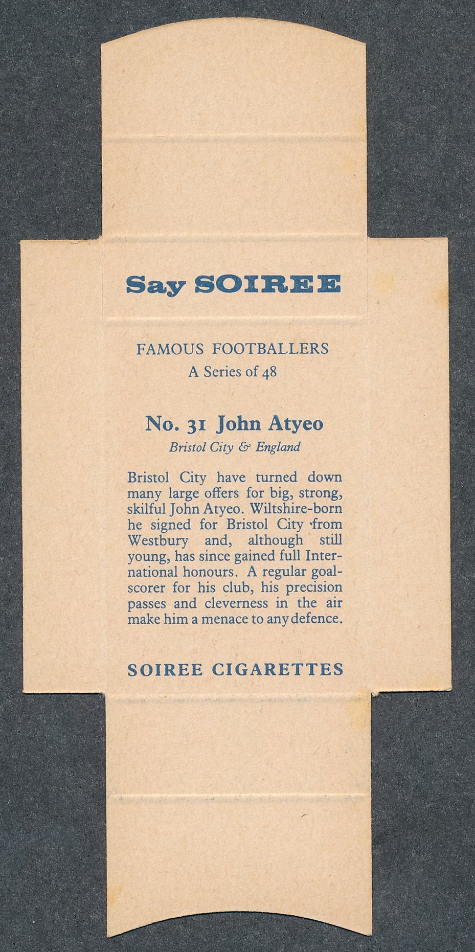 Soiree Cigarettes, Mauritius, Famous Footballers, uncut packet issue, No.31 John Atyeo, Bristol City - Image 2 of 2