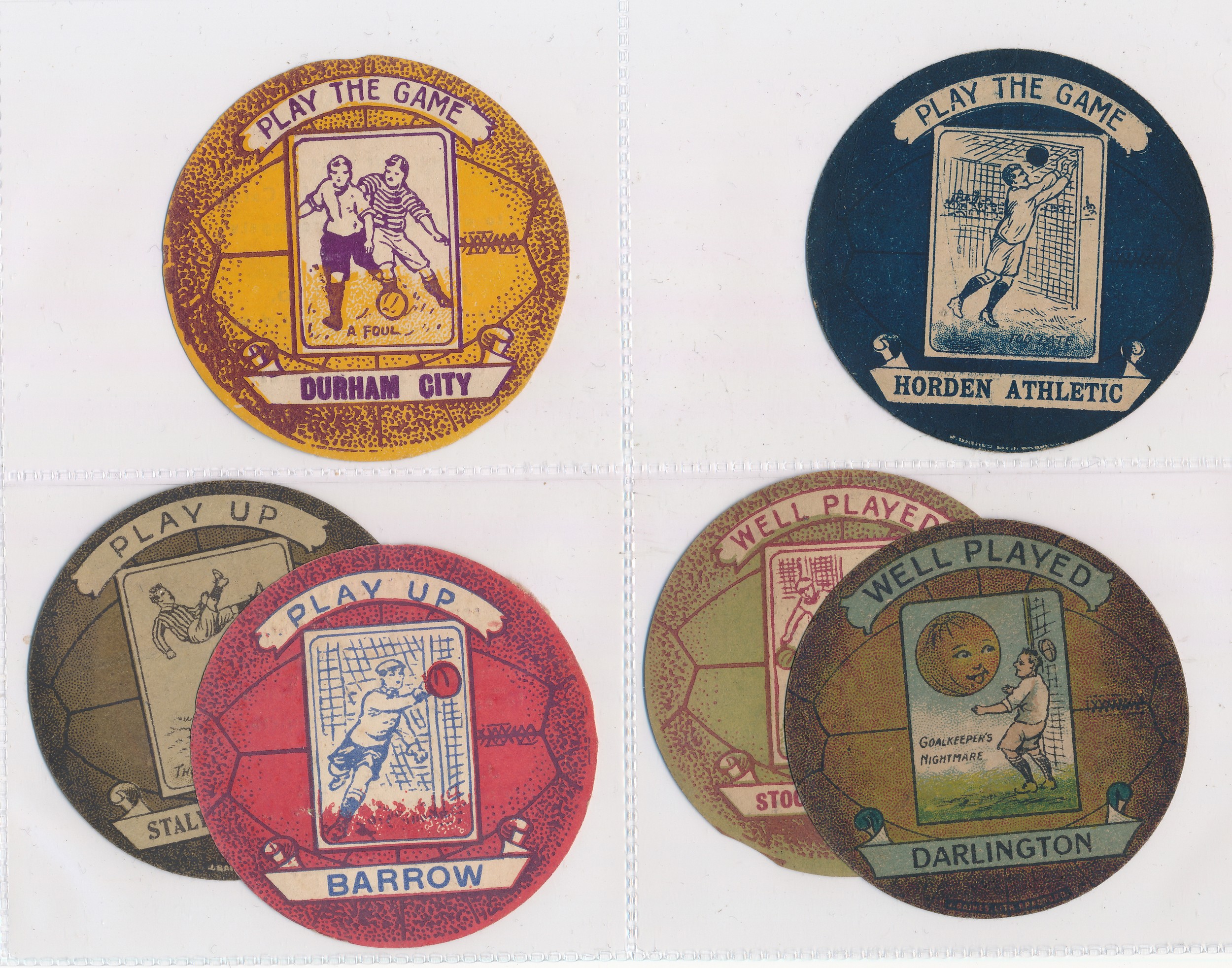 Baines trade cards, circular football shaped (6) with Durham City, Horden Athletic, Barrow,