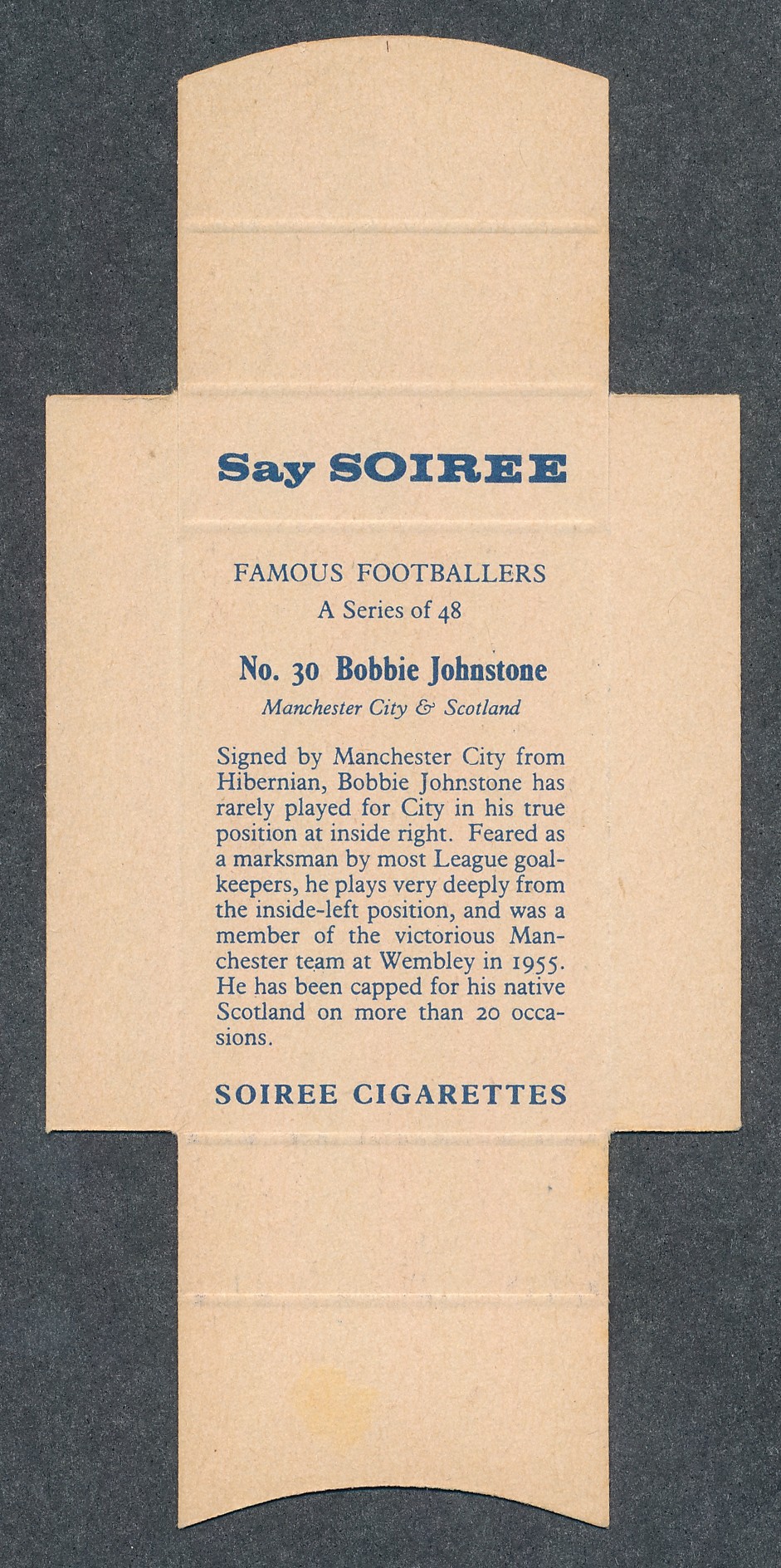 Soiree Cigarettes, Mauritius, Famous Footballers uncut packet issue, No.30 Bobbie Johnstone, - Image 2 of 2