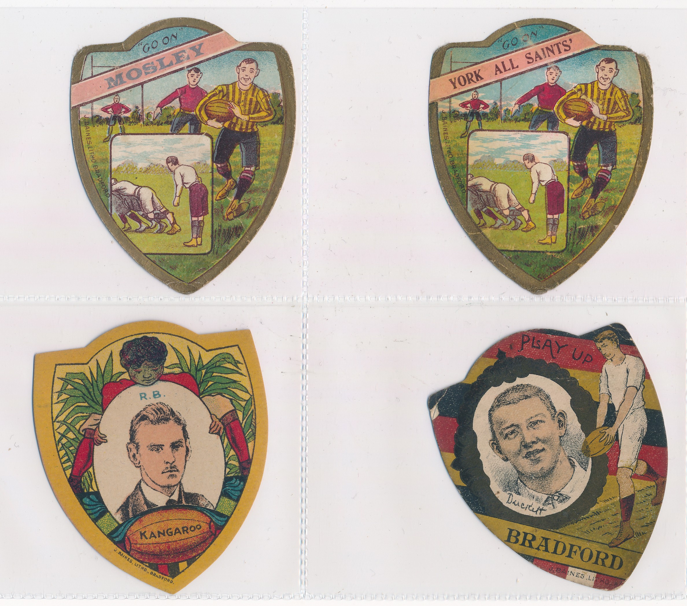 Baines trade cards, Shield shaped Rugby cards (7) with "Sport L.R.S.B.", York All Saints', Wales,
