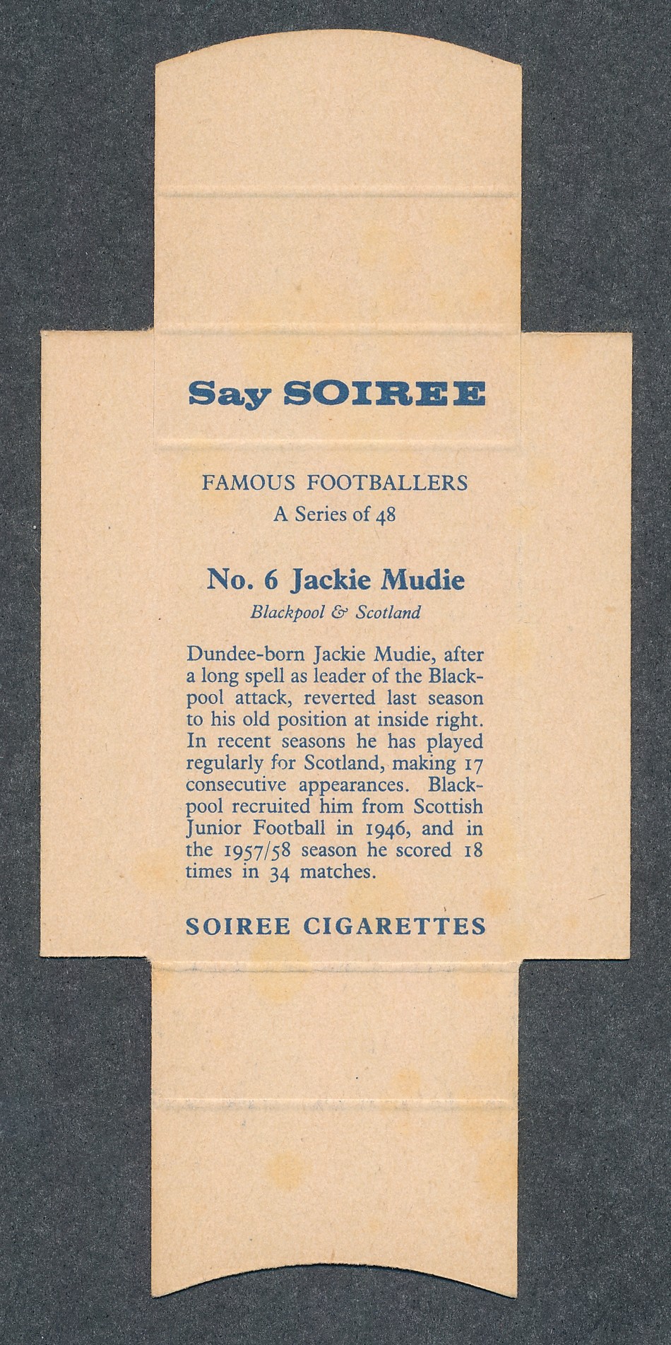 Soiree Cigarettes, Mauritius, Famous Footballers uncut packet issue, No.6 Jackie Mudie, - Image 2 of 2