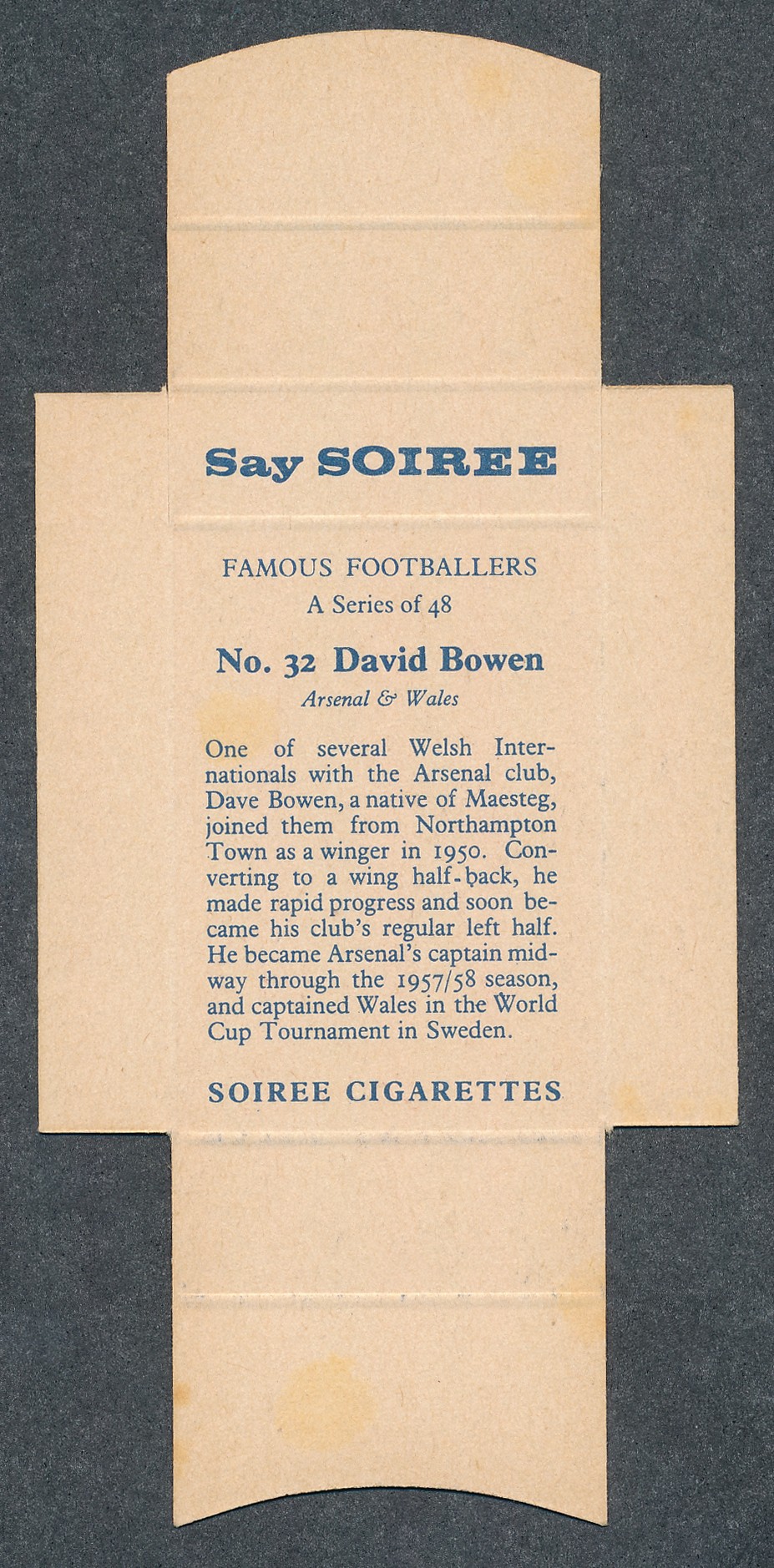 Soiree Cigarettes, Mauritius, Famous Footballers uncut packet issue, o.32 David Bowen, Arsenal & - Image 2 of 2