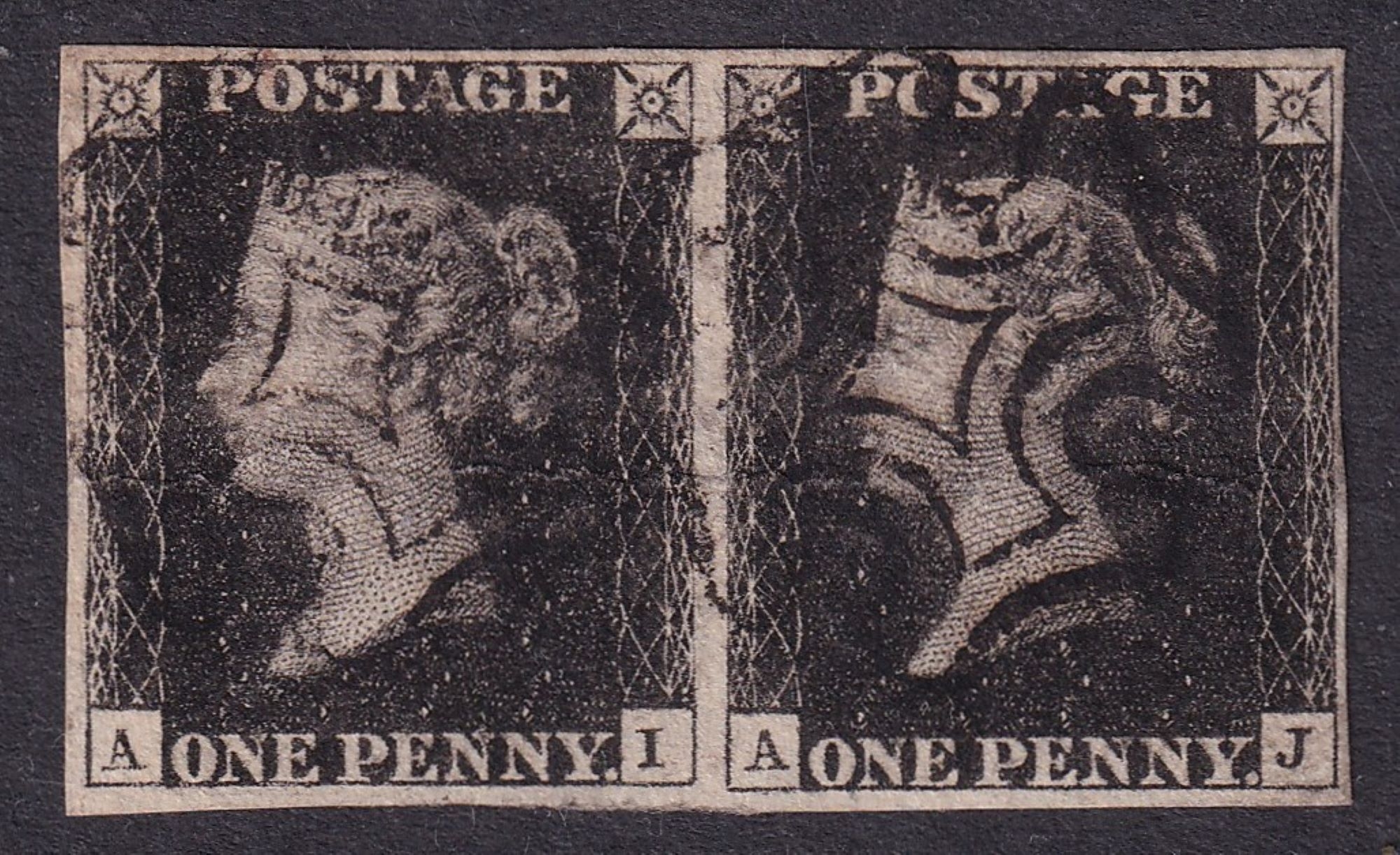 Great Britain 1840 QV 1d Black Pair (SG 1g), Used, Cat Val £750+. The pair is quite heavily hinged