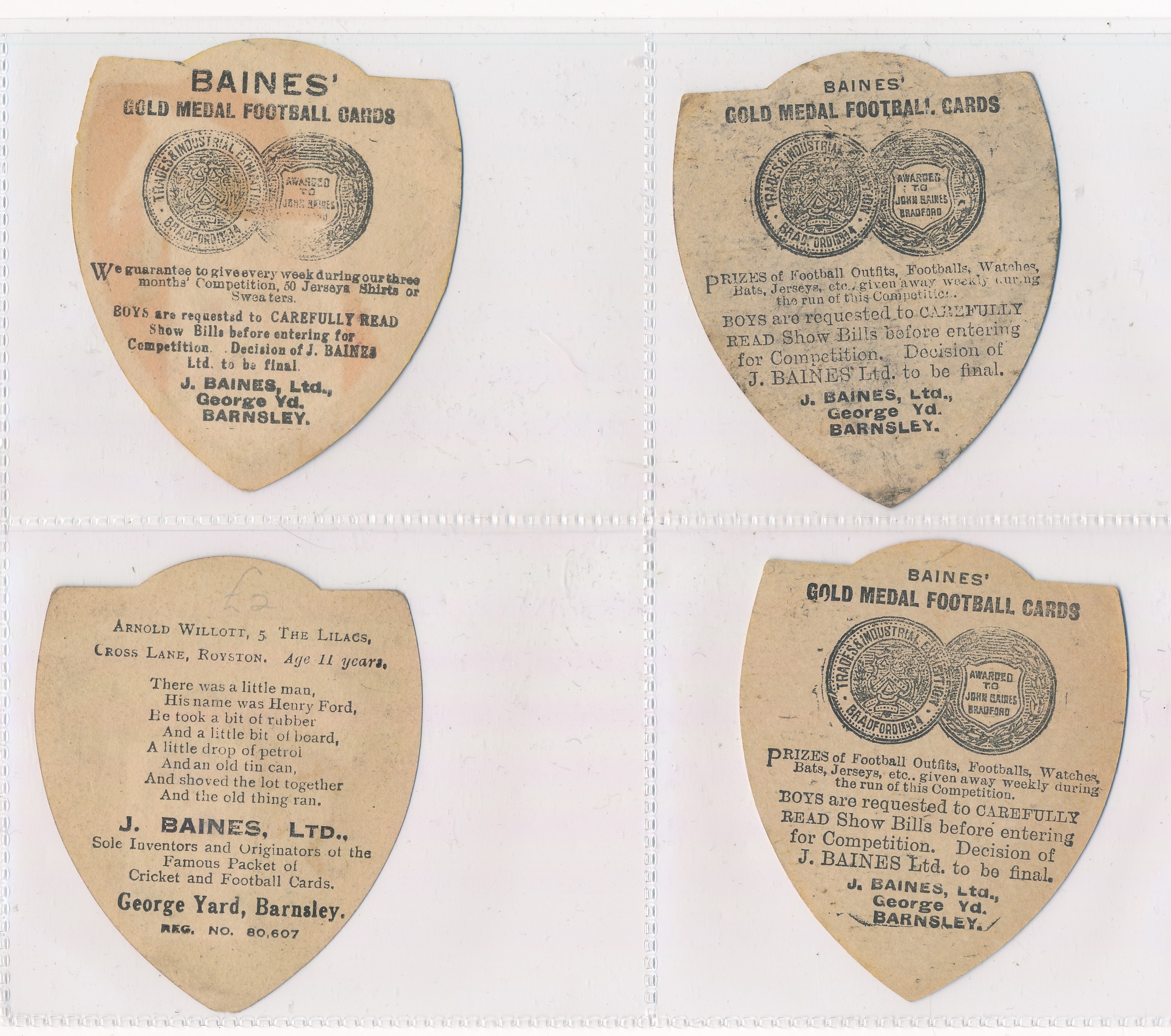 Baines trade cards, Shield shaped Football cards (4), with Oldham Ath. G.H. Douglas, Oldham Ath. - Image 2 of 2