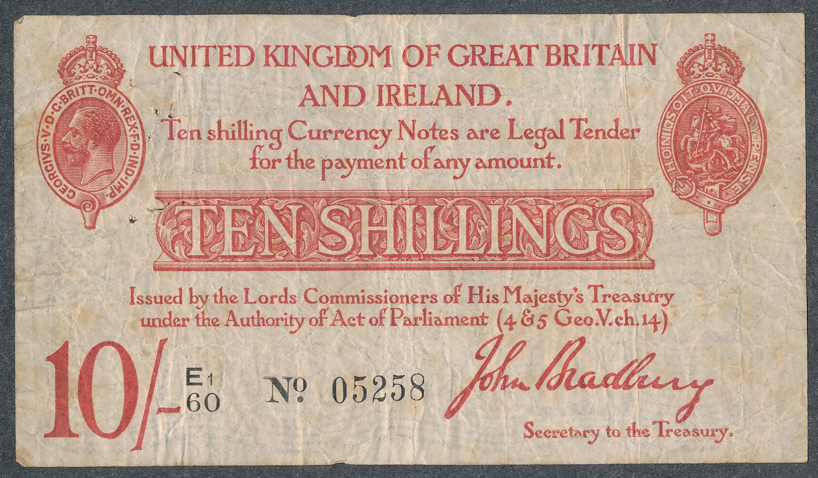 Bradbury 1915 (21 Jan) treasury note ten shillings E1/60 No.05258