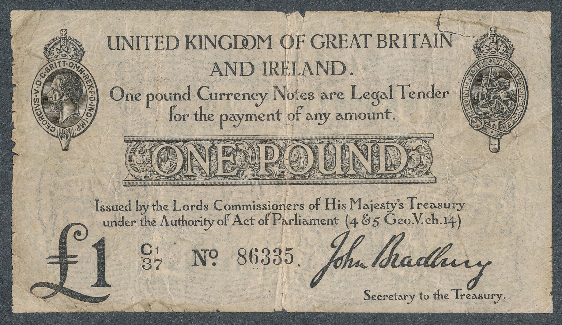 Bradbury Treasury Note Second Issue £1 1914 (23 Oct) C1/37 No.86335, fair.
