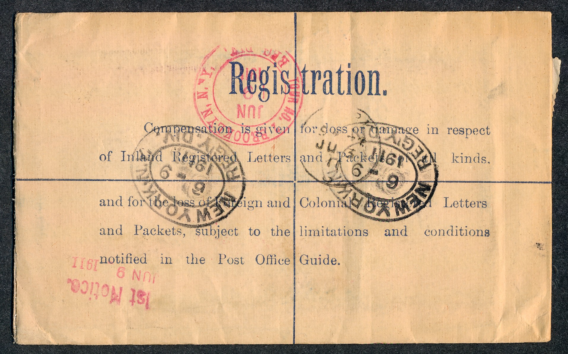 Ireland, 1911 (3 June) KEVII 3d brown Registered envelope from Skibbereen to New York, with Cork and - Image 2 of 2