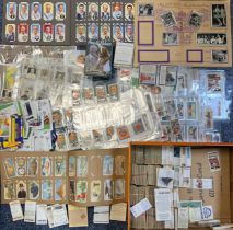 Large cigarette card and trade card collection, in 4 boxes, with a variety of sleeved sets and