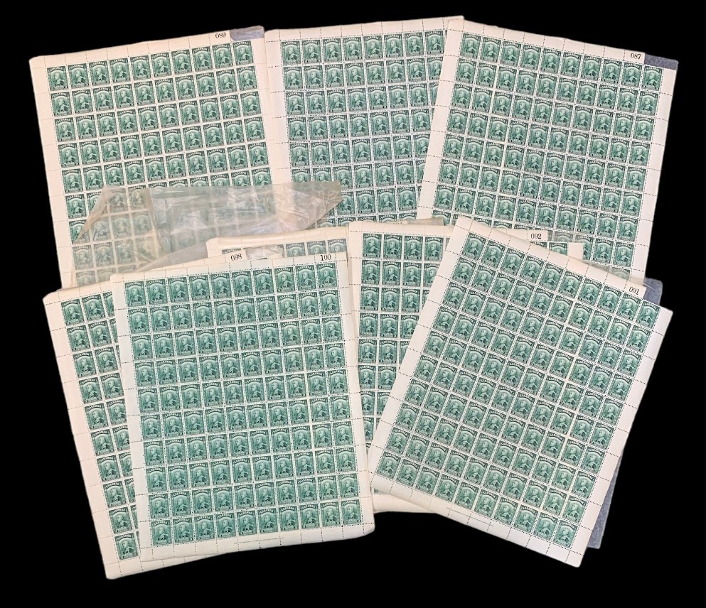 Sarawak, 1945 BMA (British Military Administration) overprint 3c green in full UM sheets of 100