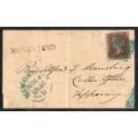 Ireland, 1846 (Nov) EL to Tipperary with 1d imperf G-C, four square cut margins tied by turquoise-