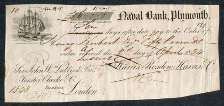 Naval Bank Plymouth Cheque £50 1834, on Sir John William Lubbock Bart, Foster, Clarke & Co,