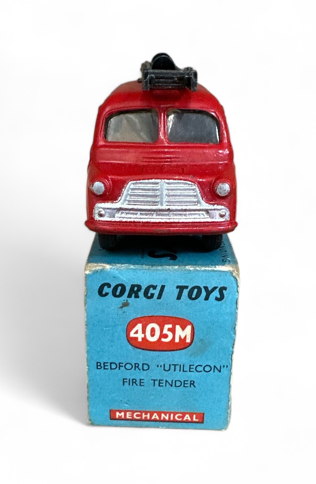 Corgi Bedford Utilecon Fire Tender No. 405M, red, ladders (some paint loss), flat hubs, Fire Dept - Image 3 of 4