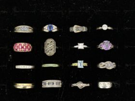 A collection of sixteen silver and gemset rings. All marked as silver or stamped 925 except one