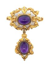 A foil backed 9ct gold amethyst pendant brooch, set with two amethyst cabochons. Length 6cm.