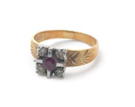 A ruby and diamond gold ring stamped 18ct, size N, weight 3.8g. Please see the buyer's terms and