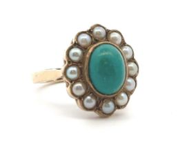 A 9ct gold turquoise and pearl cluster ring, size I. 4.07g. Please see the buyer's terms and