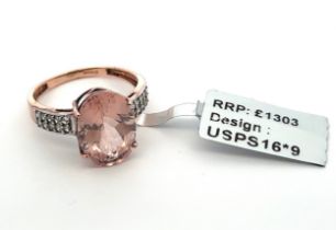 A morganite and diamond ring seet in 9ct rose gold. Size S. Weight 3.55g. Tag present but has become