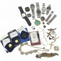 Some costume jewellery including silver rings and gold plated rings along with 8 watches (Timex,