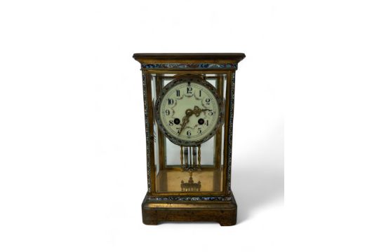 19th century French lacquered brass and enamelled four-glass mantel clock having unsigned circular - Image 1 of 3