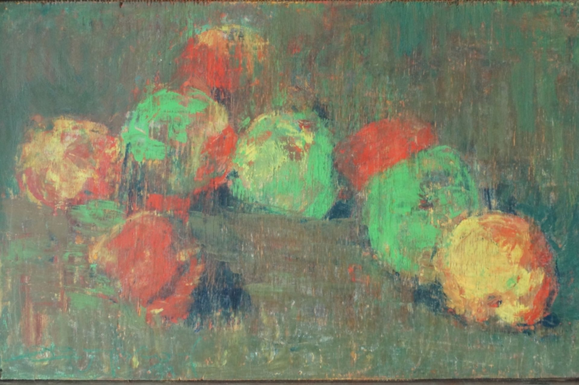 Außergewöhnliches Stillleben mit, in abstrakter Maltechnik dargestellten Äpfeln; Pastellkreide auf  - Bild 3 aus 5