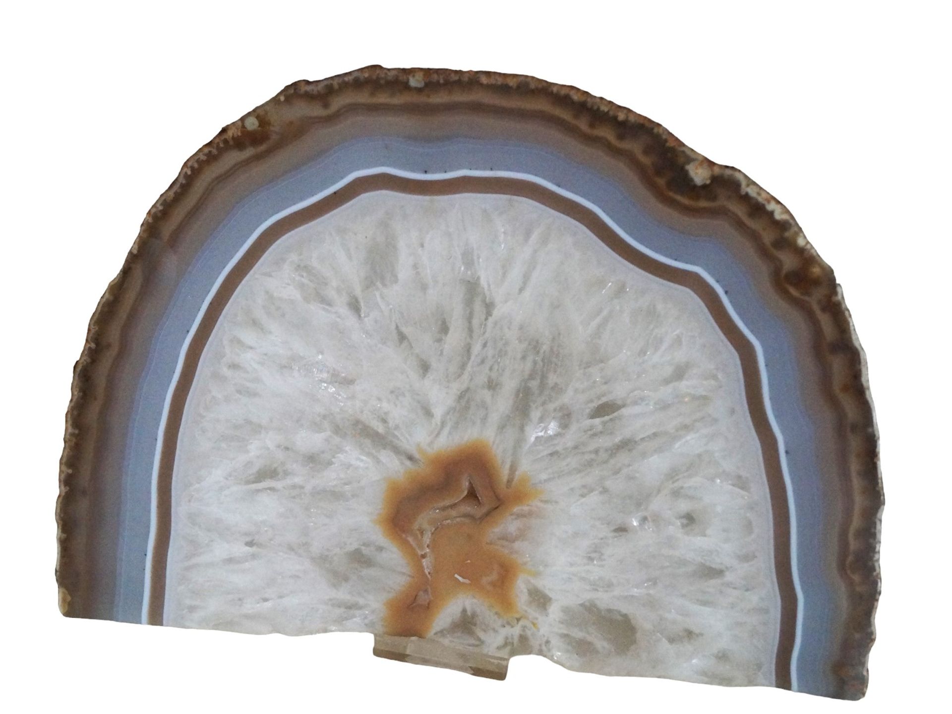 Größer Achat-Steinscheibe; hälftige, polierte Scheibe mit schönem Farbbild; Maße ca.: B: 20cm, T: 4
