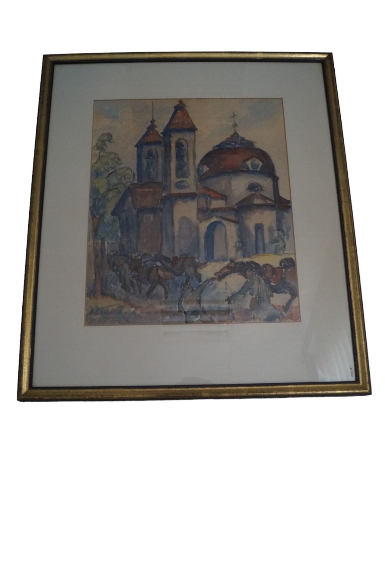 Aquarell, abgesessene Reiterschaft vor einer Kirche; unbekannter Künstler; wohl 20. Jahrhundert; Ma