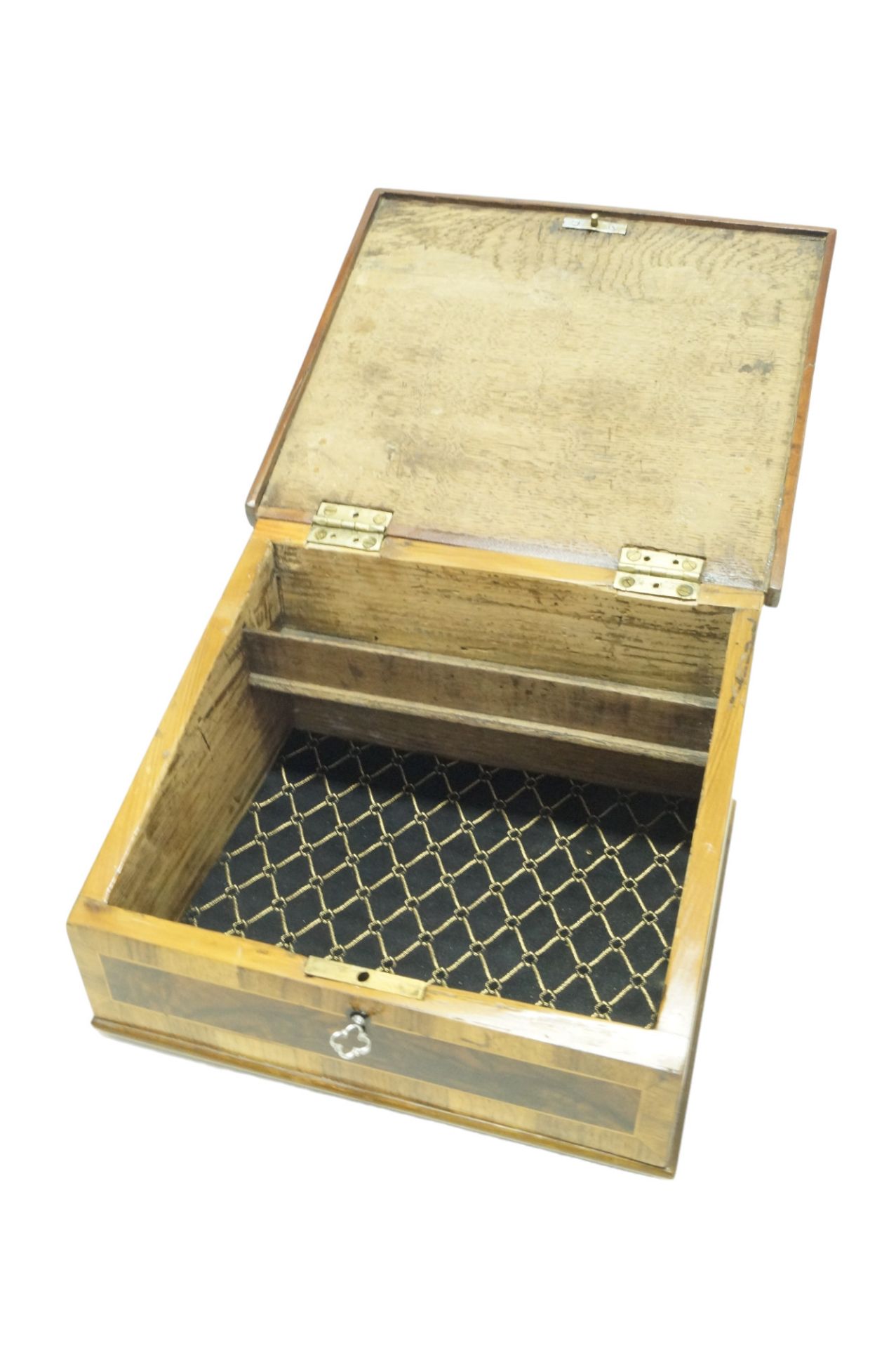 Wunderschöne, alte Schrägklappen-Schreibschatulle mit umlaufenden Einlegearbeiten aus verschiedenen - Bild 4 aus 4