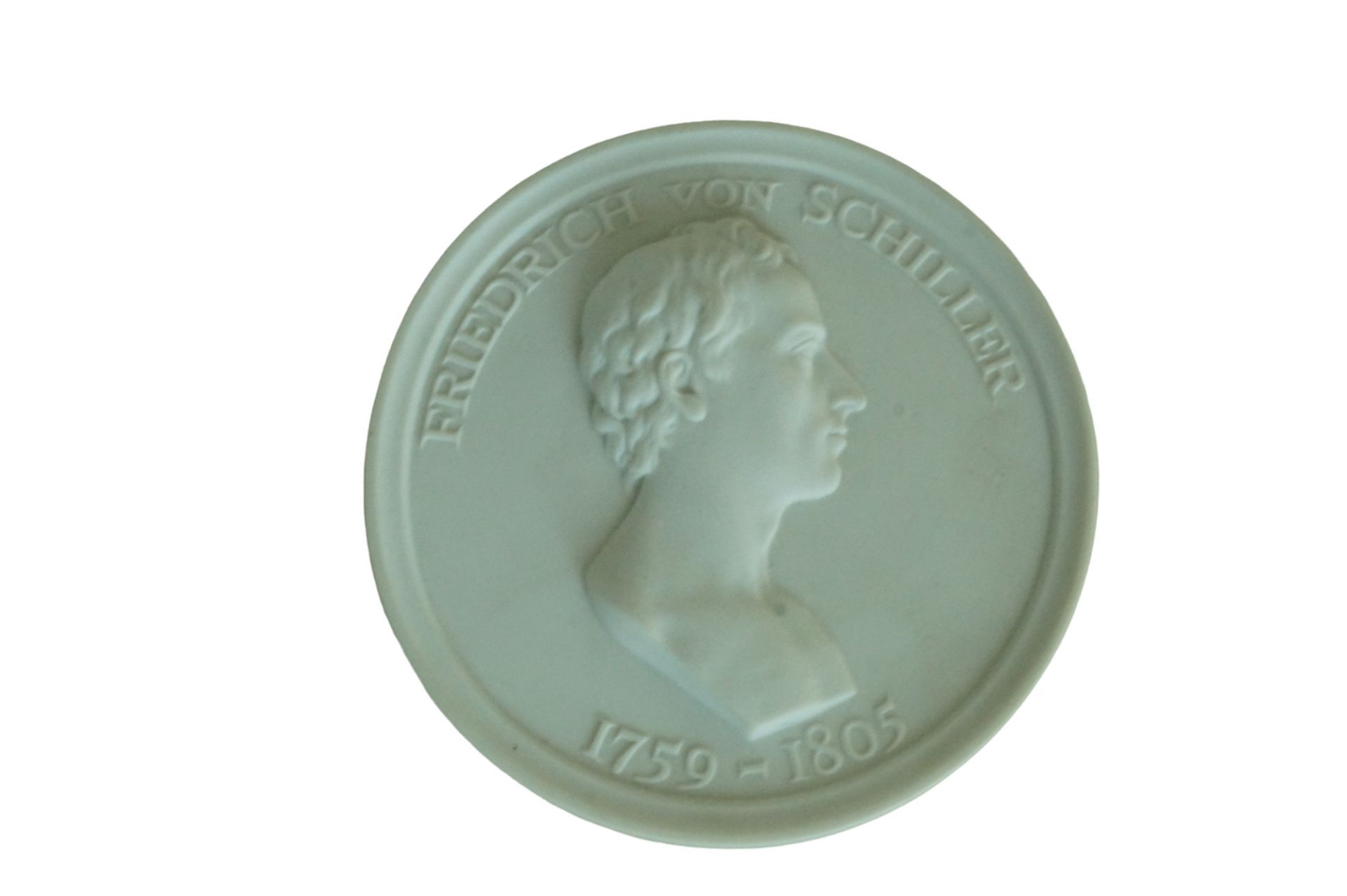 Meissen Porzellan-Medaille in Reliefform mit Darstellung von "Friedrich von Schiller"; rückseitig i