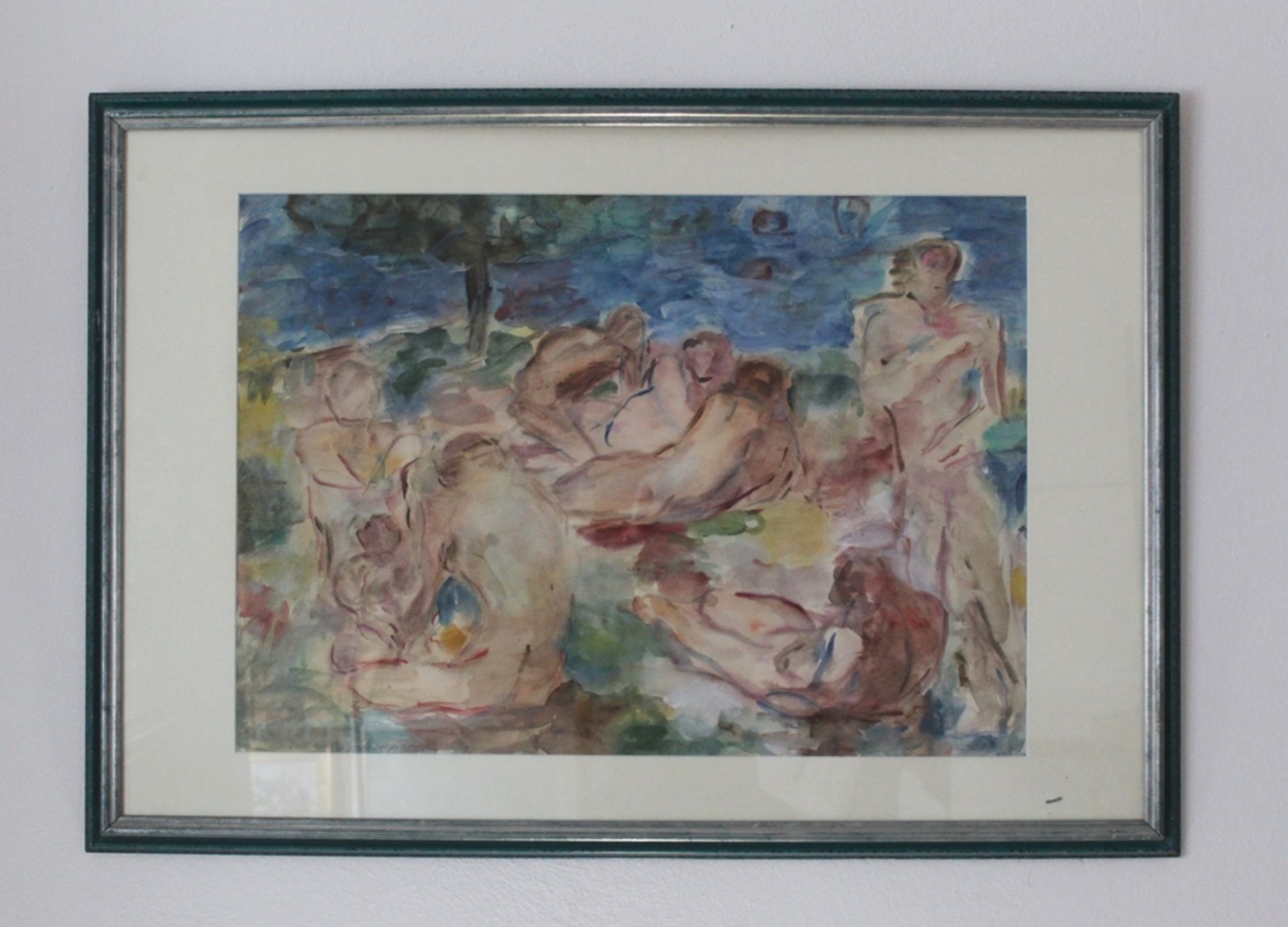 Aquarell "Badende 1942", Künstler: Manfred Henninger, Gerahmt unter Glas, Maß mit Rahmen ca.: HxB 7