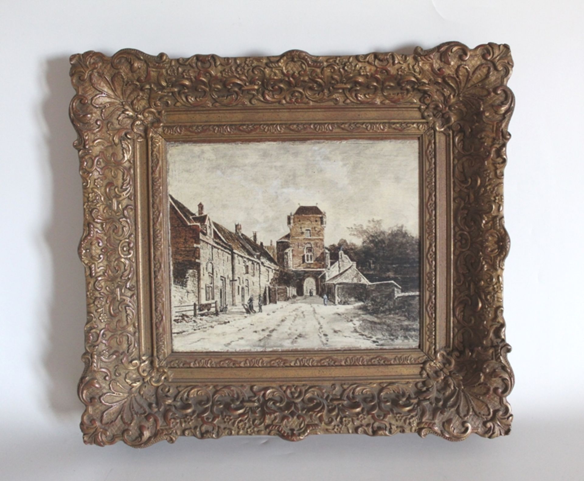 Kleines Gemälde, Öl auf Holz "Dorfansicht im Winter", Künstler: Adrianus Eversen, 1818-1897, u.l. s