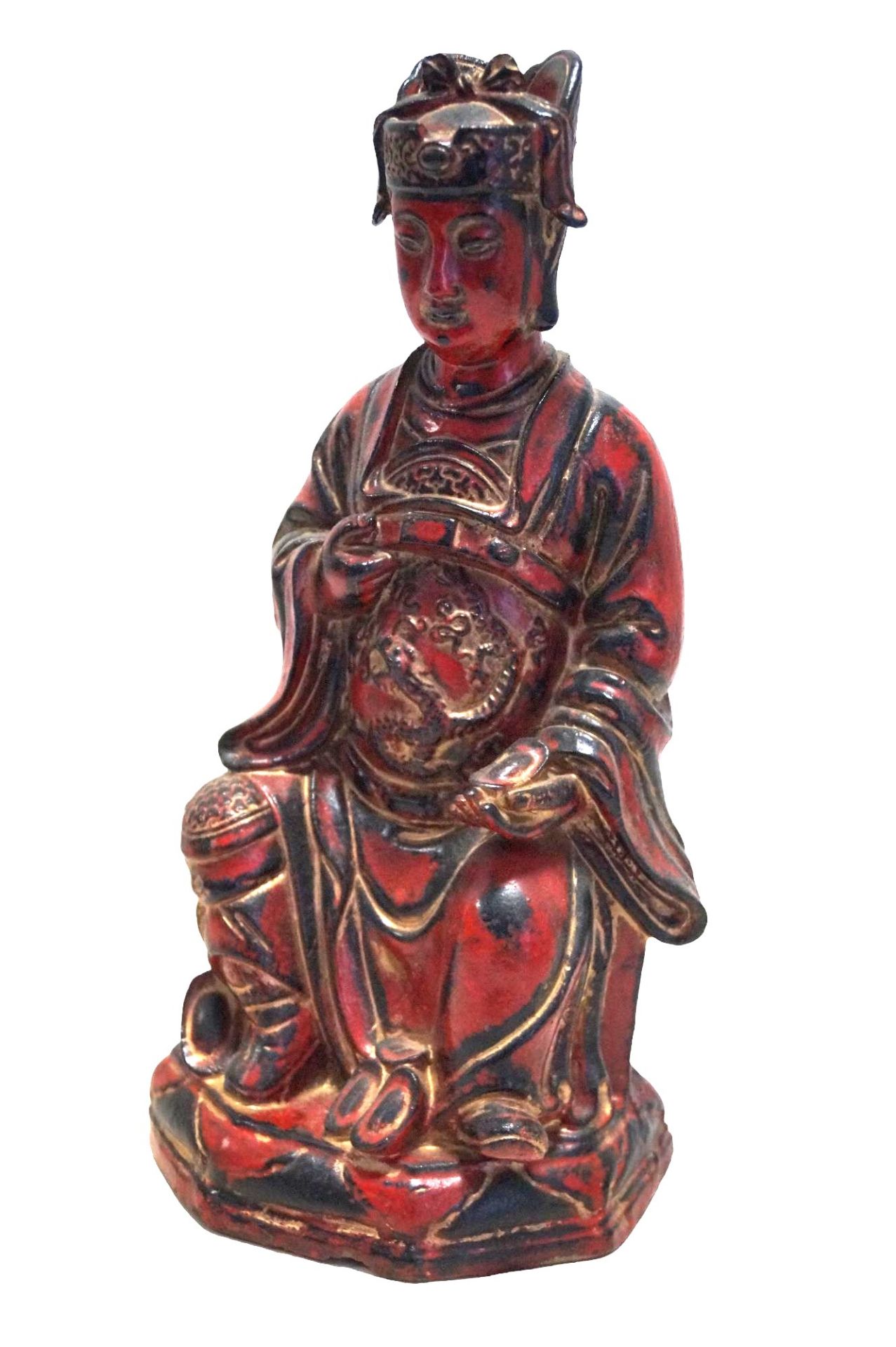 Rot gefasste Metallskulptur einer asiatischen Gottheit; evtl. Guanyin?; schwerer, wohl Eisenguss; g