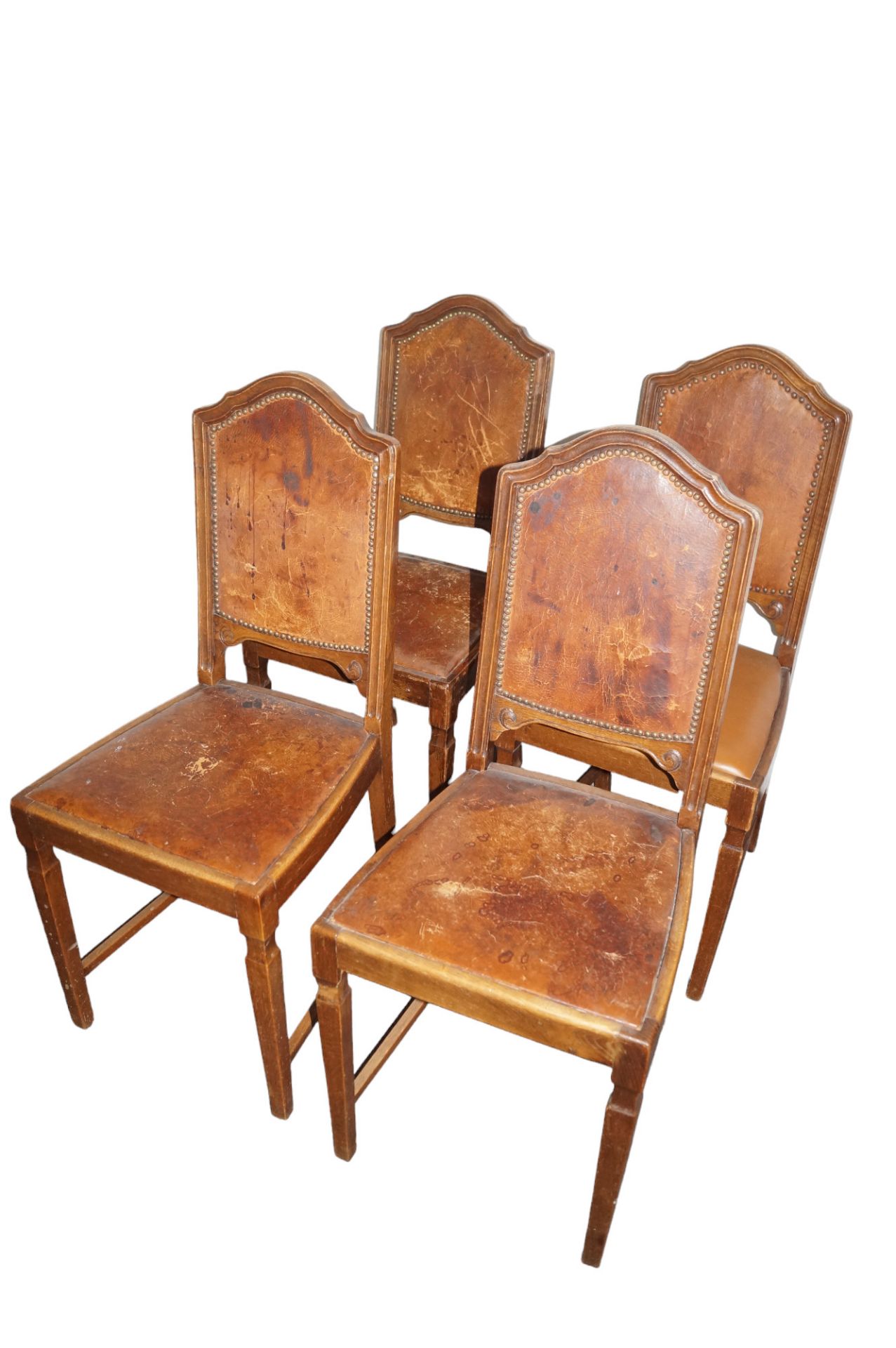 Vier Stühle aus der Zeit um 1900; Sitz- und Rückenflächen mit Leder bezogen, dieses alt und partiel - Bild 2 aus 5
