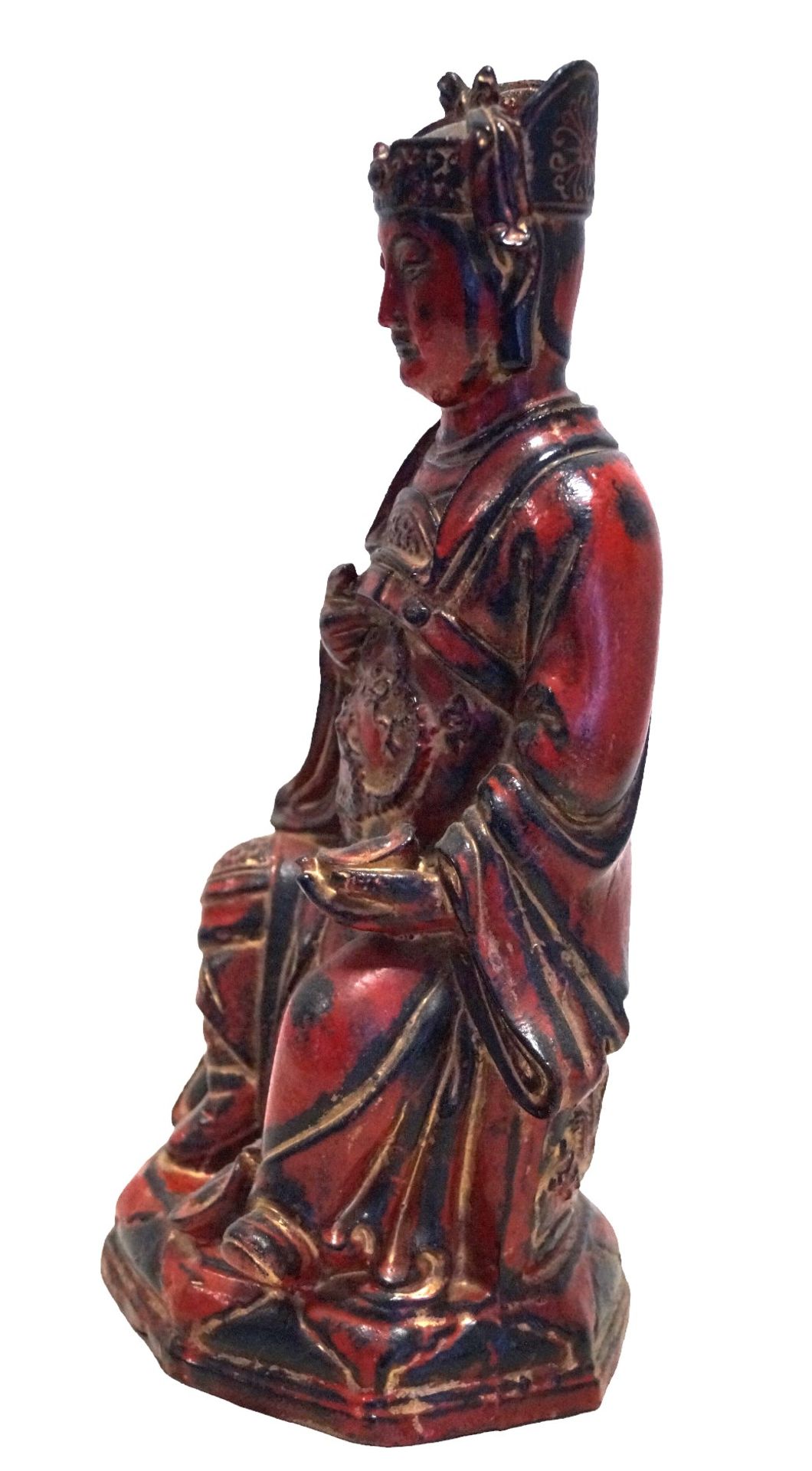 Rot gefasste Metallskulptur einer asiatischen Gottheit; evtl. Guanyin?; schwerer, wohl Eisenguss; g - Bild 2 aus 2