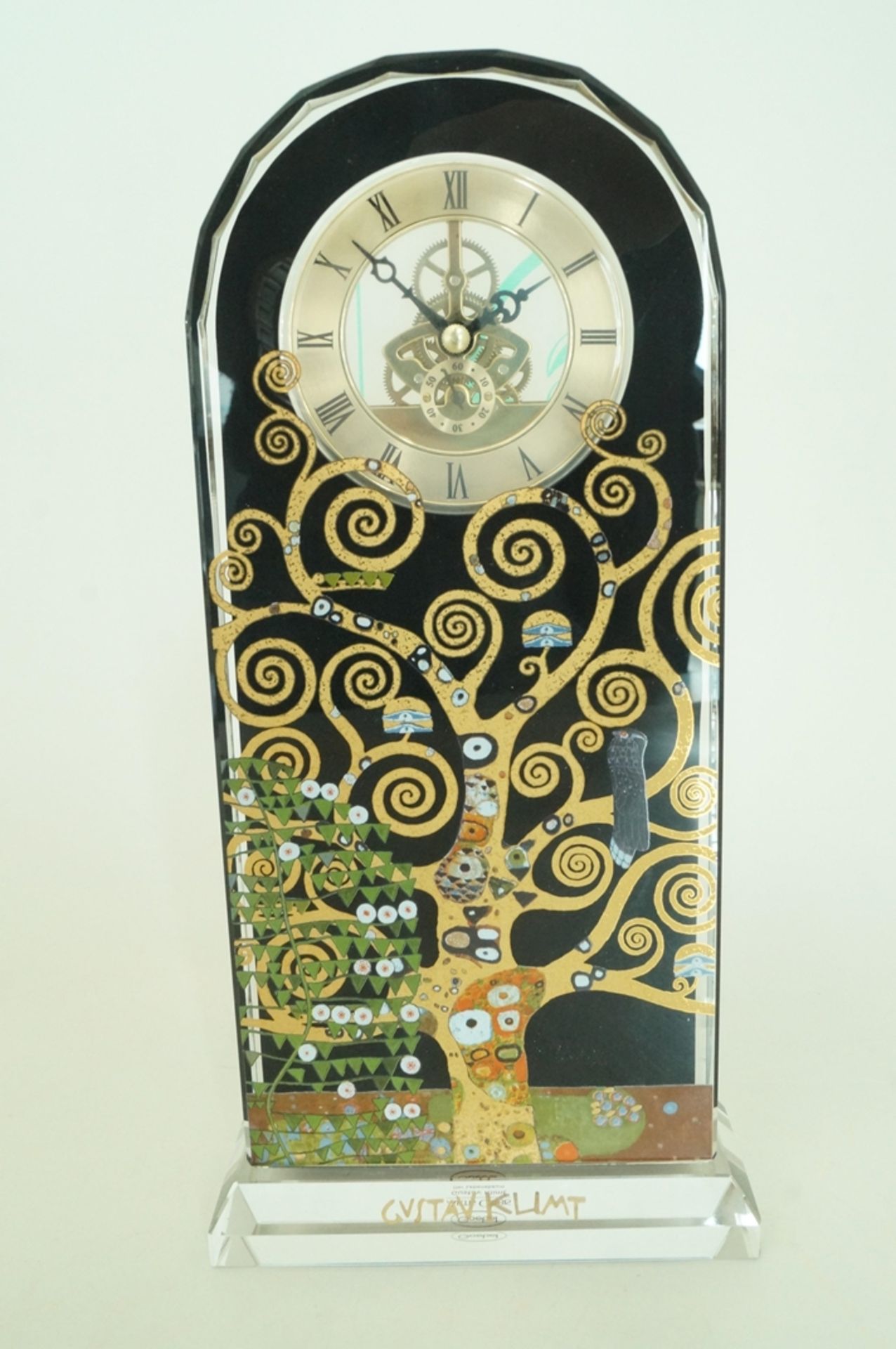 Aus einem oben gerundetem Glasquader bestehende, große Schmuckuhr "Lebensbaum" von Gustav Klimt mit