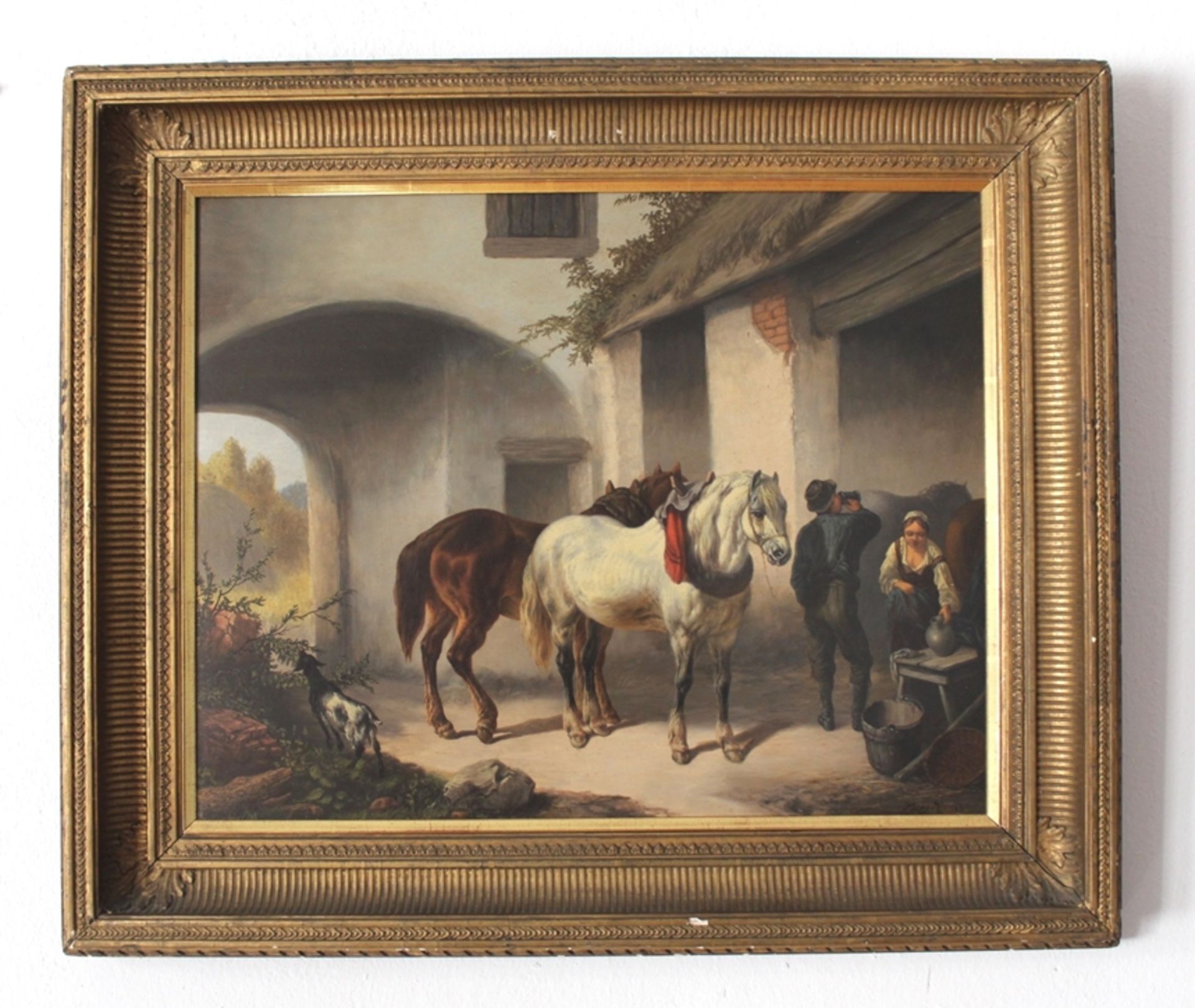 Gemälde Öl auf Panel "Hofszene mit zwei Pferden", Künstler: Franz Krauss, HSZ 1890-1905, Signiert, 