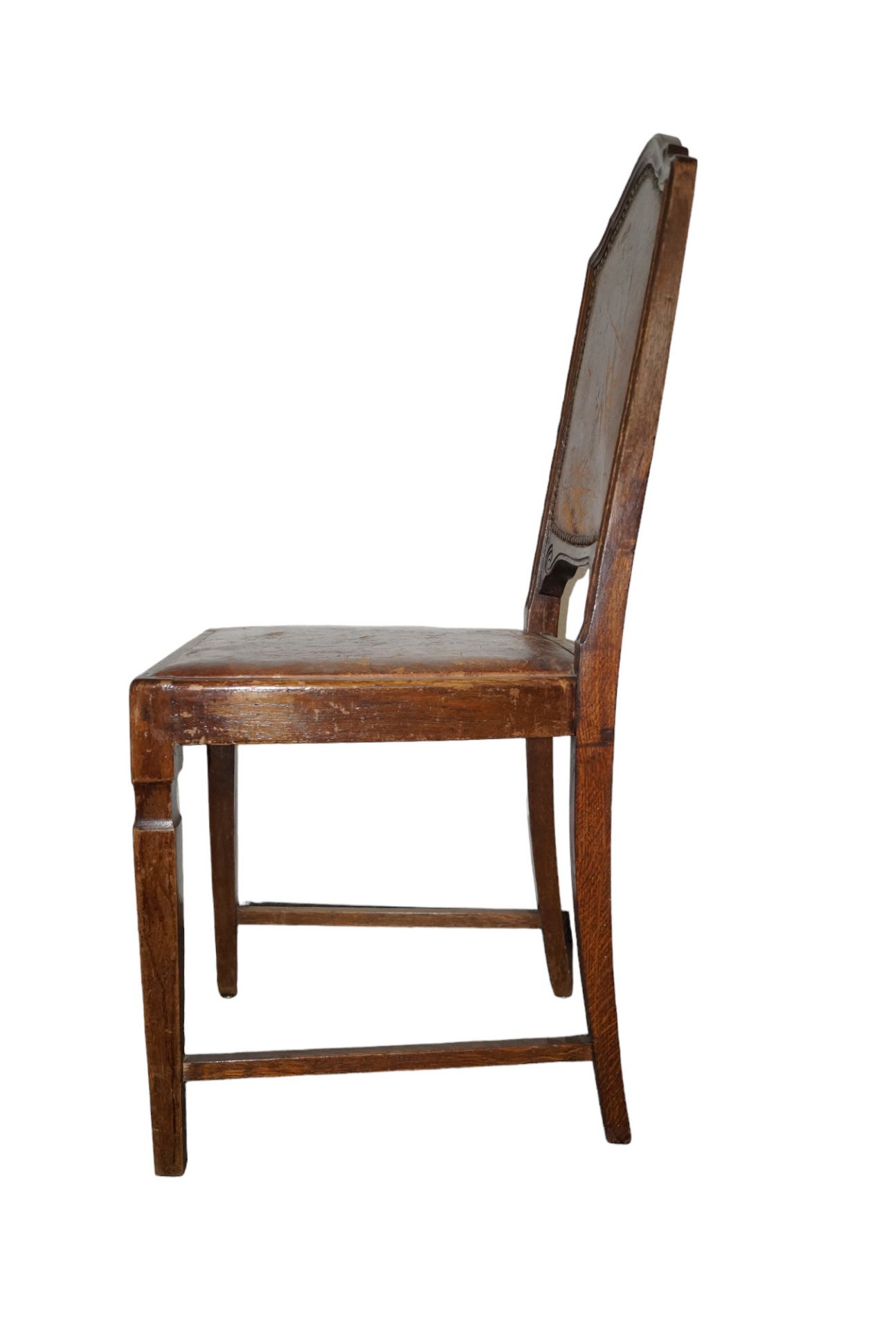 Vier Stühle aus der Zeit um 1900; Sitz- und Rückenflächen mit Leder bezogen, dieses alt und partiel - Bild 4 aus 5