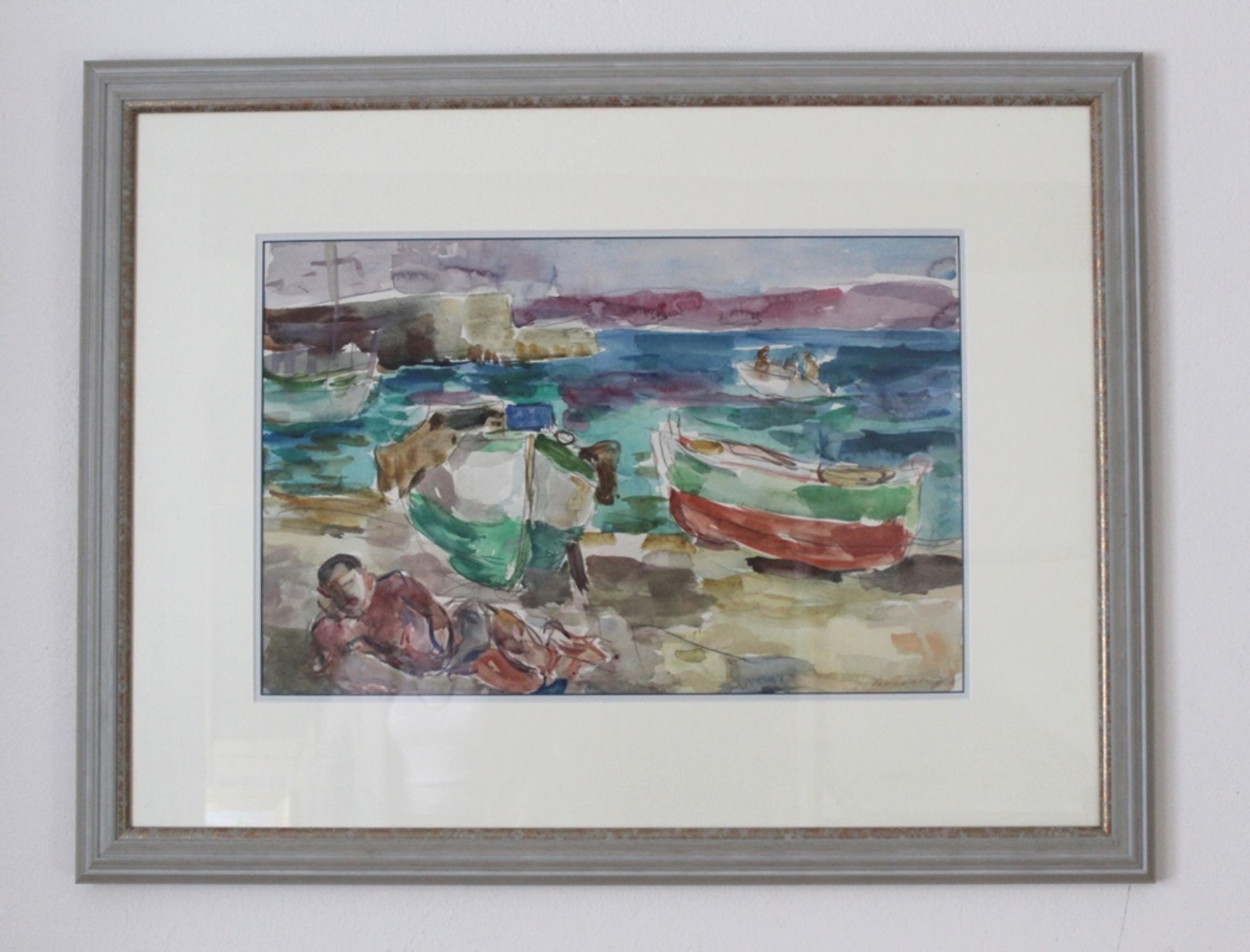 Aquarell "Boote am Strand", Künstler: Manfred Henninger, 1894-1986,  Gerahmt unter Glas, Maß mit Ra